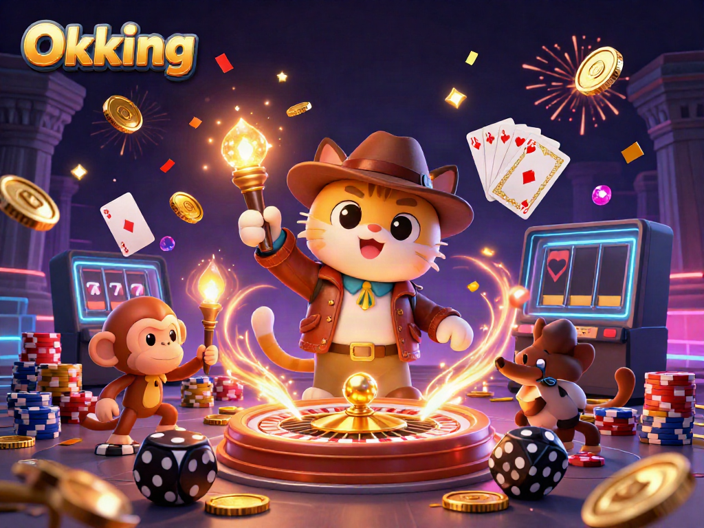 Engage with Okking's exciting gaming world featuring 3D characters amidst a dynamic scene of casino treasures.