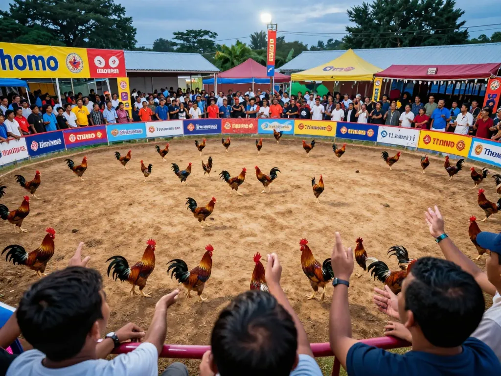 Trải nghiệm Phát sóng trực tiếp đá gà tại đấu trường Thomo với sự phấn khích của đám đông sôi động và hành động gà trống đầy năng lượng.