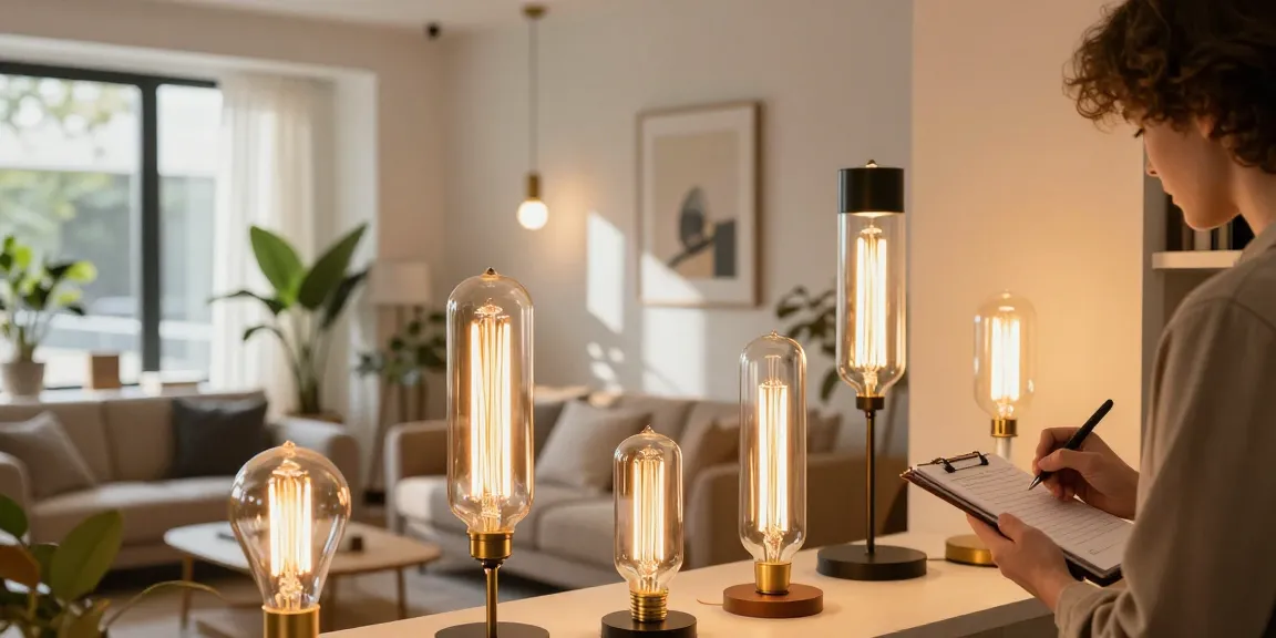 Stylische Filamentlampe Leuchtmittel in einem modernen Lichtshowroom durchblättern, der dekorative Lampendesigns und warmes Ambiente hervorhebt.