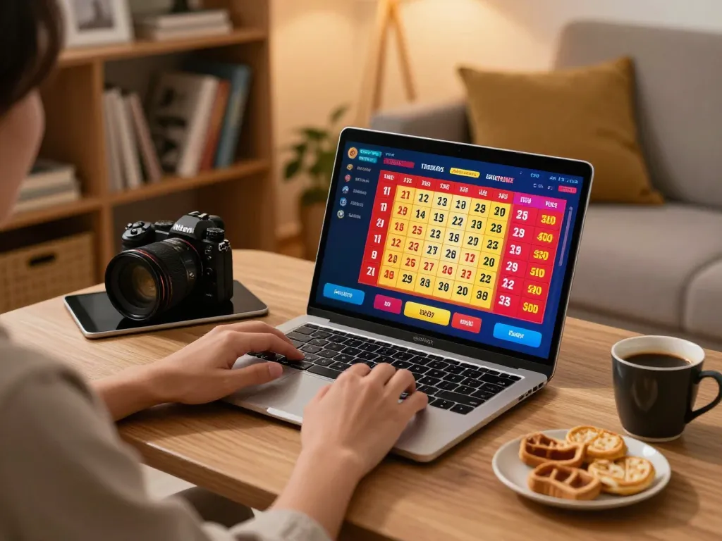 Winwin player engaged in online togel gaming on laptop in a cozy home setting.