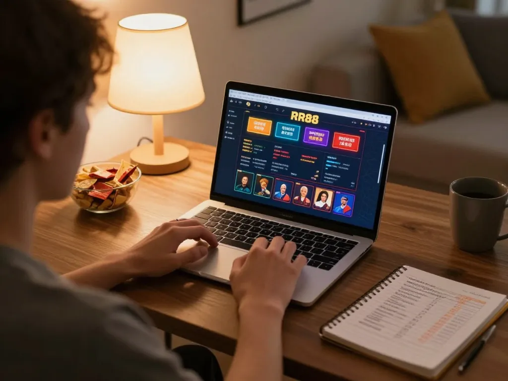 Player engaged with the RR88 online casino interface at home, showcasing strategic gambling activities.