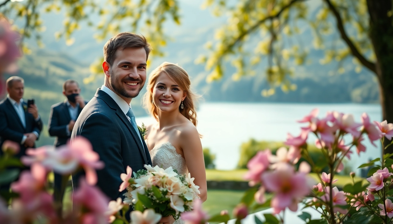Hochzeitsfotograf Tegernsee fängt das glückliche Brautpaar in einer malerischen Kulisse ein.