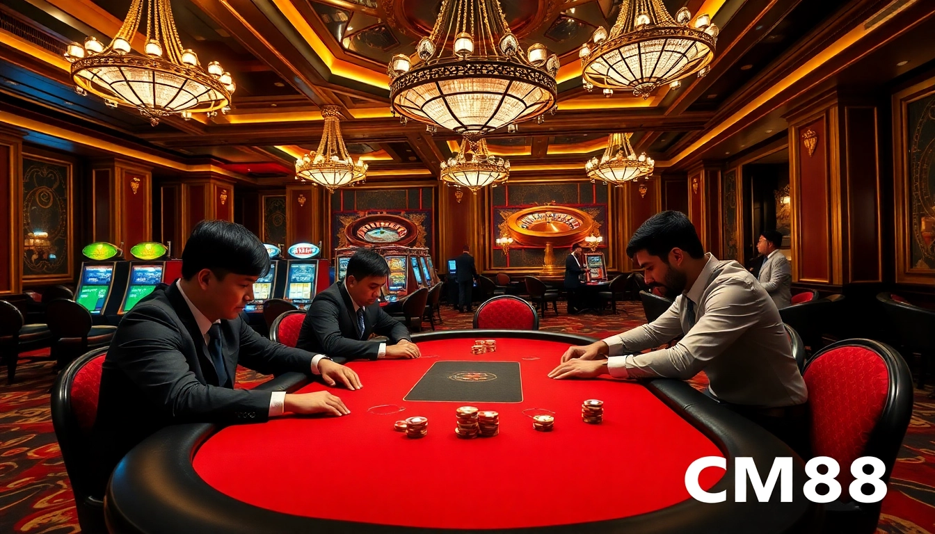 High-stakes poker action featuring CM88 chips in a luxurious casino setting.