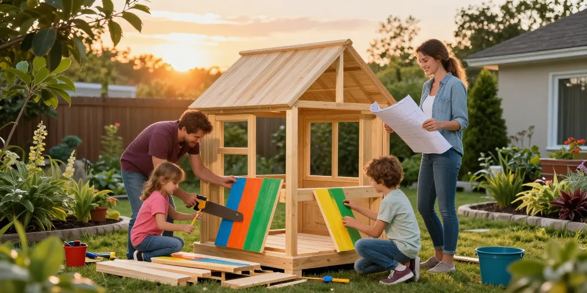 Familie beim Bau eines Gartenhaus Holz im Garten, fröhliche Atmosphäre und DIY-Projekt.