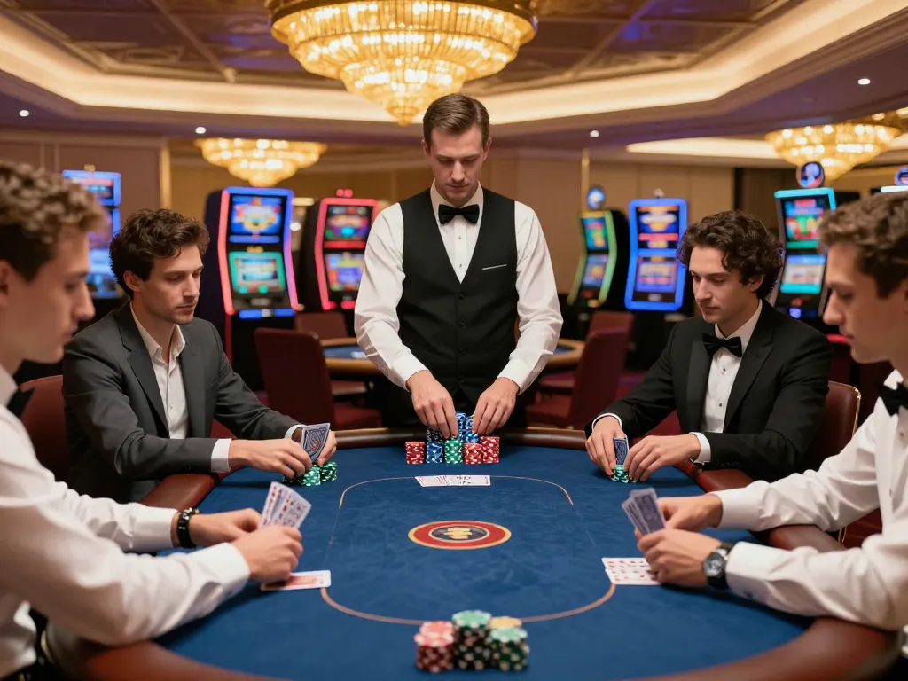 bsport players engaged in an intense poker game, showcasing strategic betting and luxury casino atmosphere