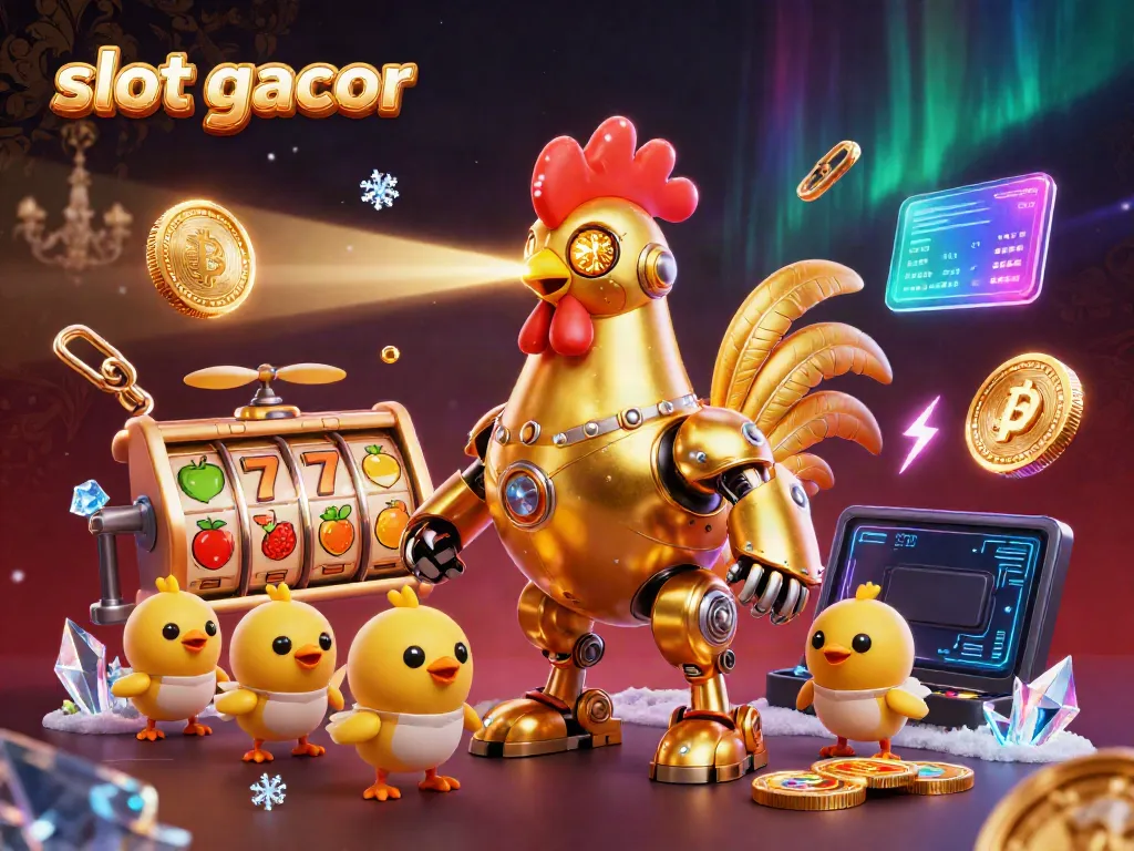 Engage with slot gacor in this vibrant 3D scene featuring a futuristic golden rooster robot and baby chicks.