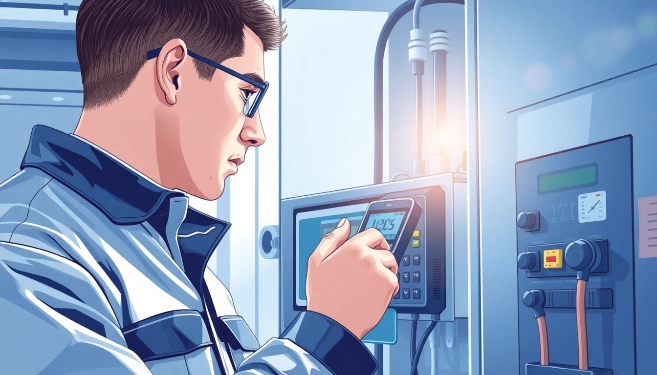 Technician performing a DGUV V3 Prüfung on electrical equipment, emphasizing safety and professionalism.