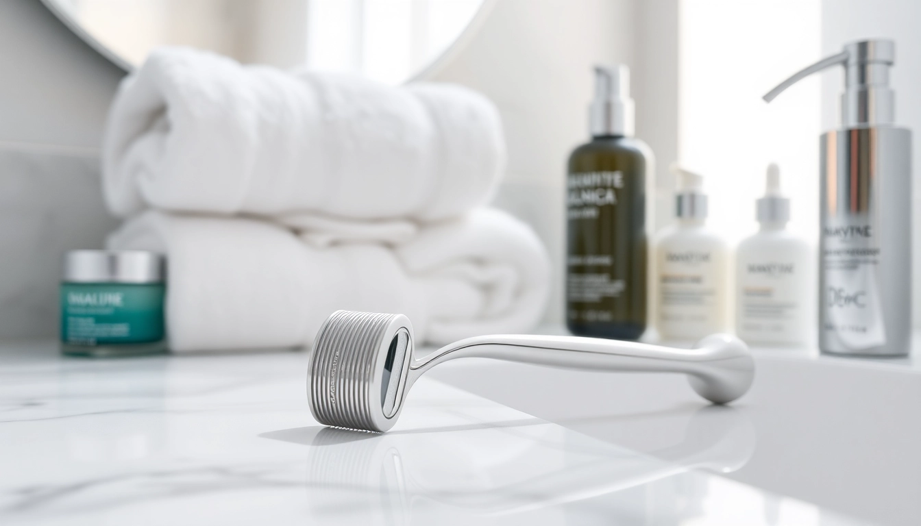 Derma roller für effektive Hautpflege auf einer eleganten Badezimmerablage präsentiert.