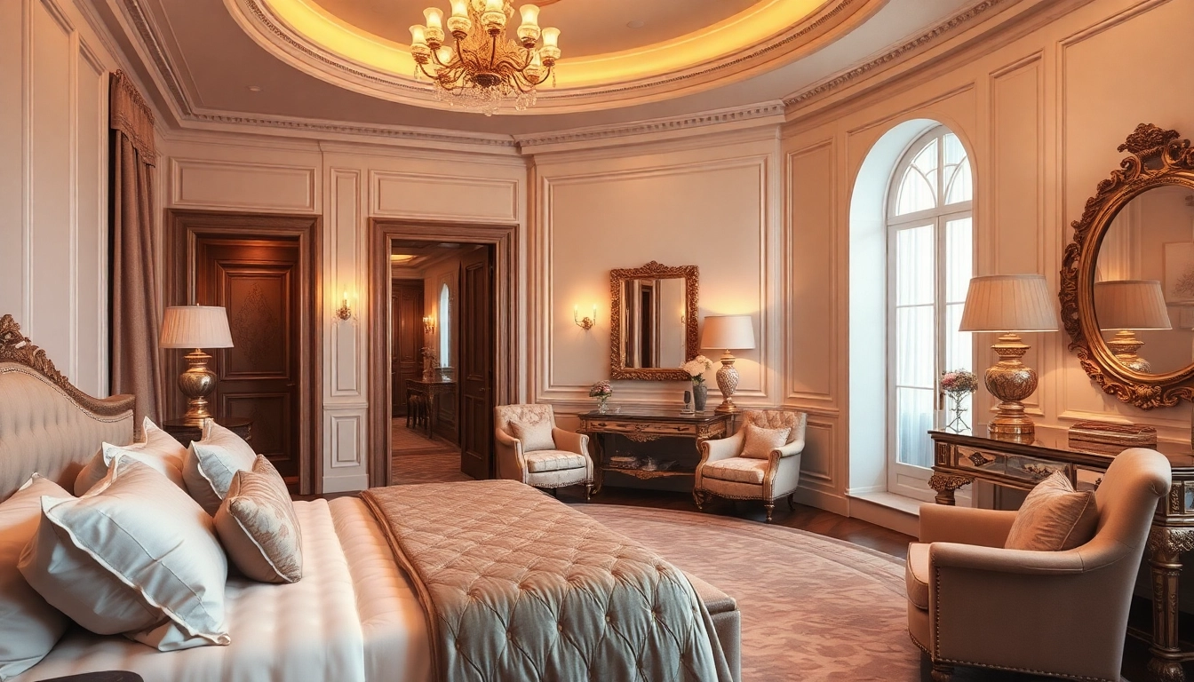Luxury bedroom with plush furnishings and soft golden lighting, creating a comforting atmosphere.