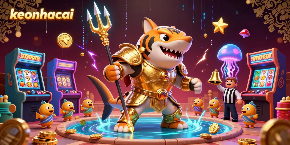 Engage in thrilling gameplay with keonhacai's vibrant arcade casino scene featuring a shark gladiator.