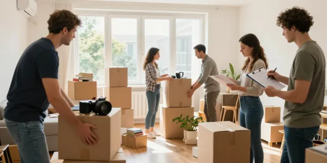 Professionelles Team bei der Wohnungsauflösung Berlin Neukölln, Möbel und Boxen in hellem Licht.