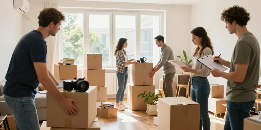 Professionelles Team bei der Wohnungsauflösung Berlin Neukölln, Möbel und Boxen in hellem Licht.