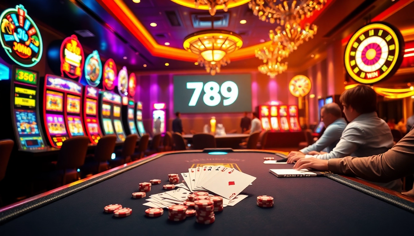 Exciting 789 win moment in a luxurious casino setting filled with vibrant games and vibrant players celebrating wins.