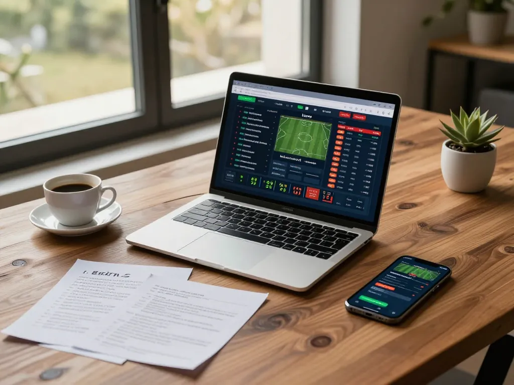 Engaging in ty le keo nha cai online sports betting with laptop and smartphone in a cozy workspace.