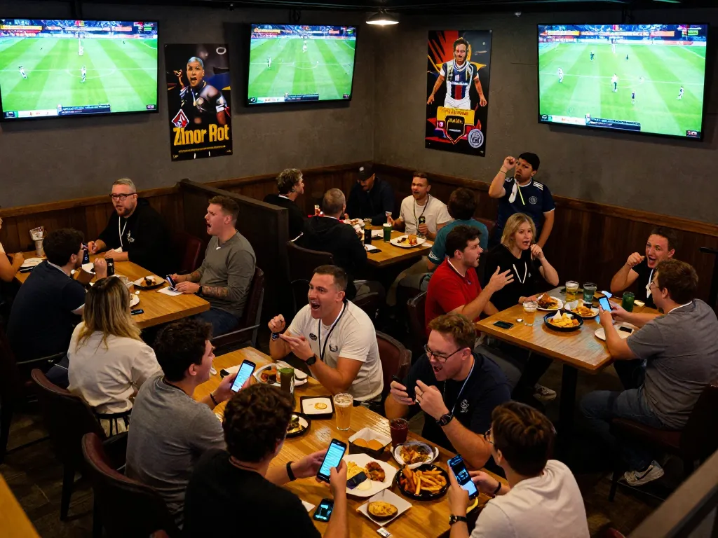 Looking at fans cheering while checking نتائج مباريات كرة القدم through betting apps at a lively sports bar