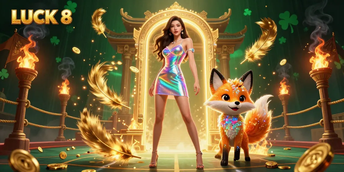 Experience LUCK 8 with a vibrant scene of dynamic characters and thrilling gambling elements.