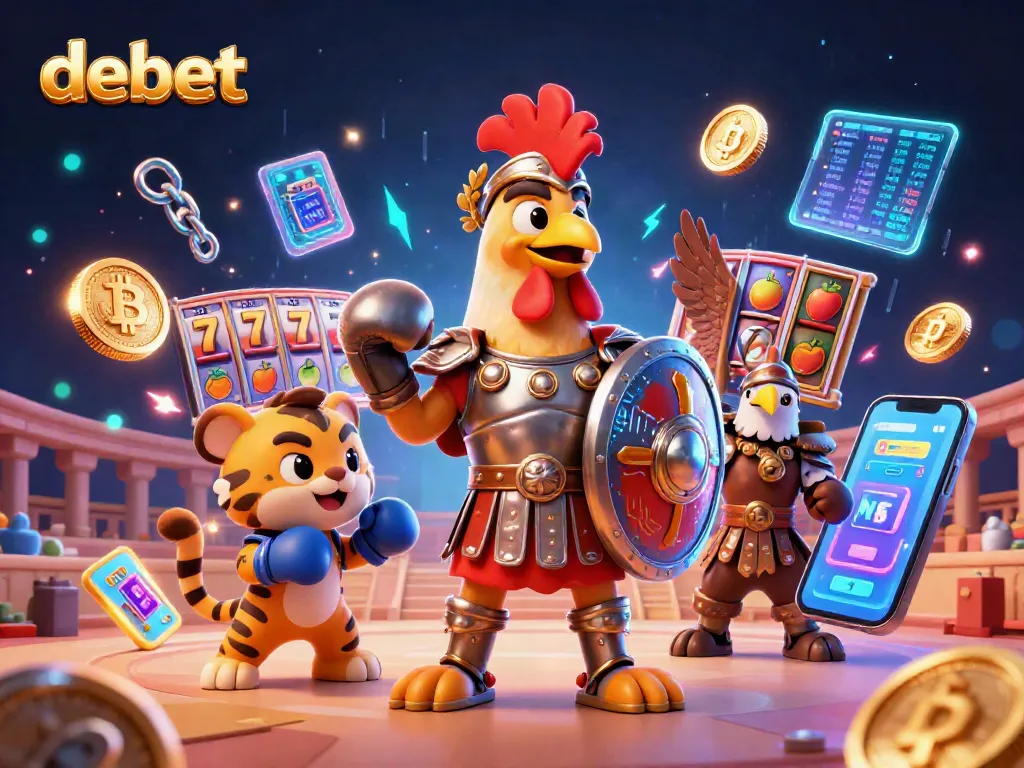 Engage with the exciting world of gambling at Debet, featuring a vibrant 3D illustration of game elements.
