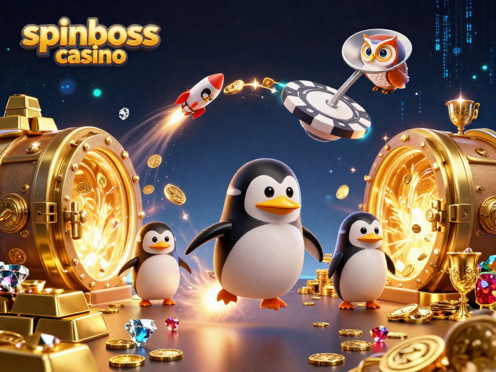 Gewinne bei spinboss casino mit dem goldenen Pinguin in einem Raum voller Schätze.