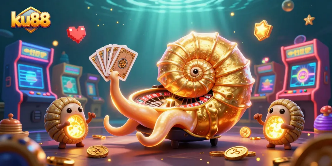 Engage with ku88's vibrant casino world featuring a giant nautilus as a roulette wheel surrounded by decorative gaming elements.