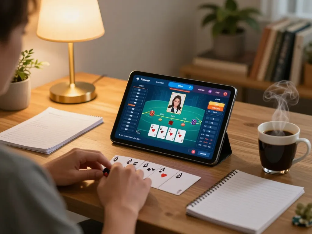 Engaging poker gameplay on a tablet showcasing the 98win9 platform with strategic notes in a cozy setting.