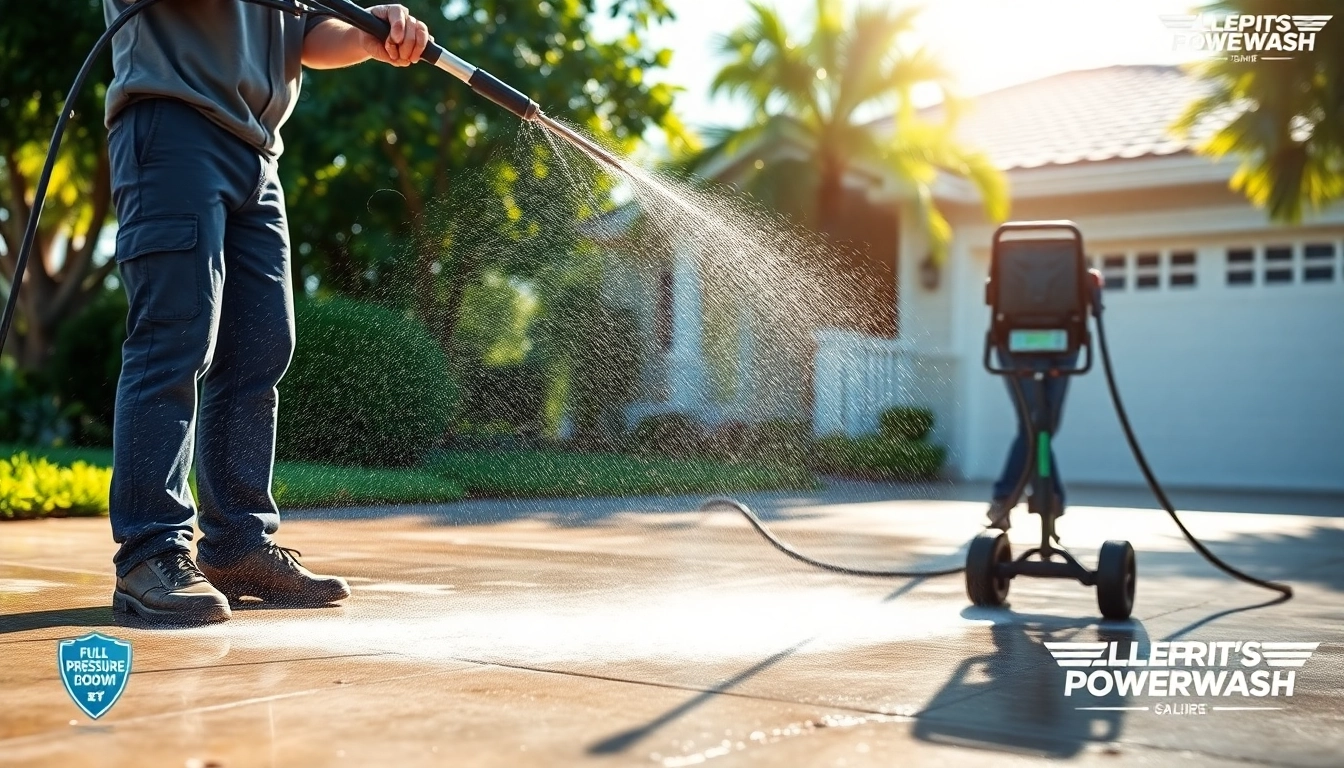 Driveway pressure wash in action, showcasing a professional crew cleaning a residential driveway in Kissimmee, FL.