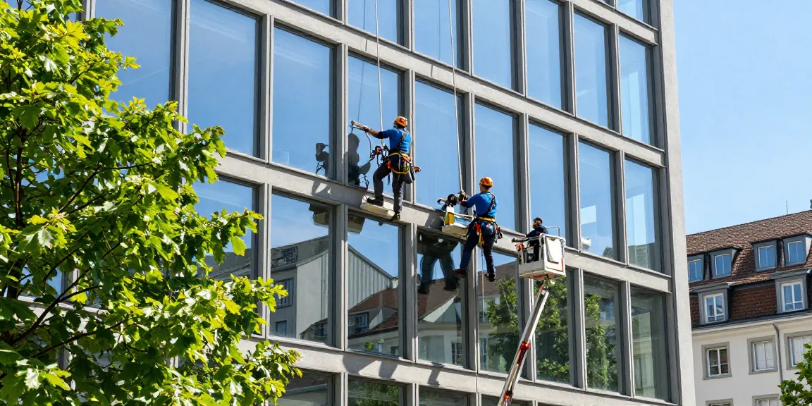 Expert fensterreinigung solothurn in action with professional window cleaners maintaining a high-rise building's facade.