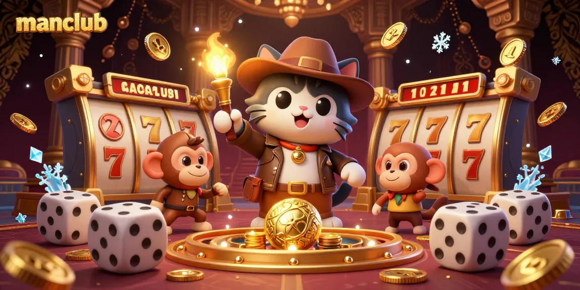 Experience the thrill of manclub as the explorer cat reveals a golden casino artifact amidst dynamic slot elements.