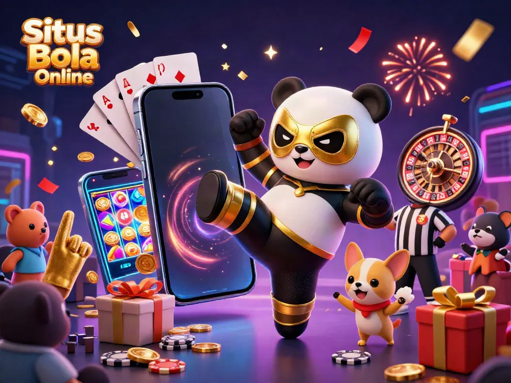 Experience the excitement of Situs Bola Online with a whimsical panda wrestler, cheering crowd, and casino elements.