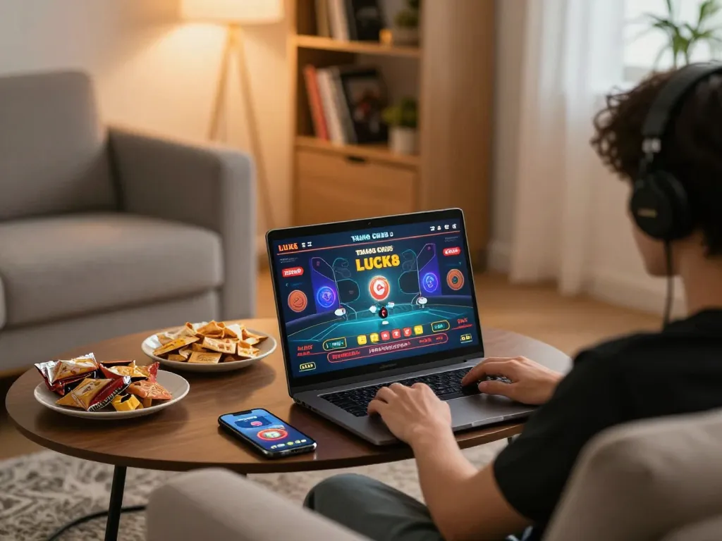 Engaging in exciting games at TRANG CHỦ LUCK8 with a laptop and casino app in a cozy home setting