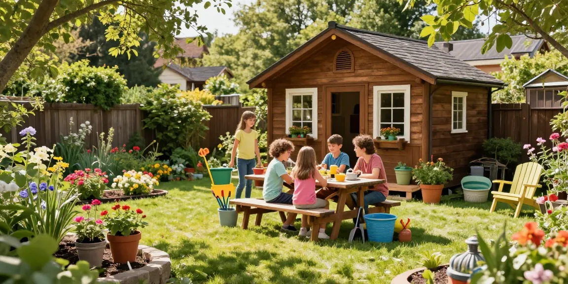Gartenhäuser im idyllischen Garten mit bunten Blumen und einer Familie beim Picknick.