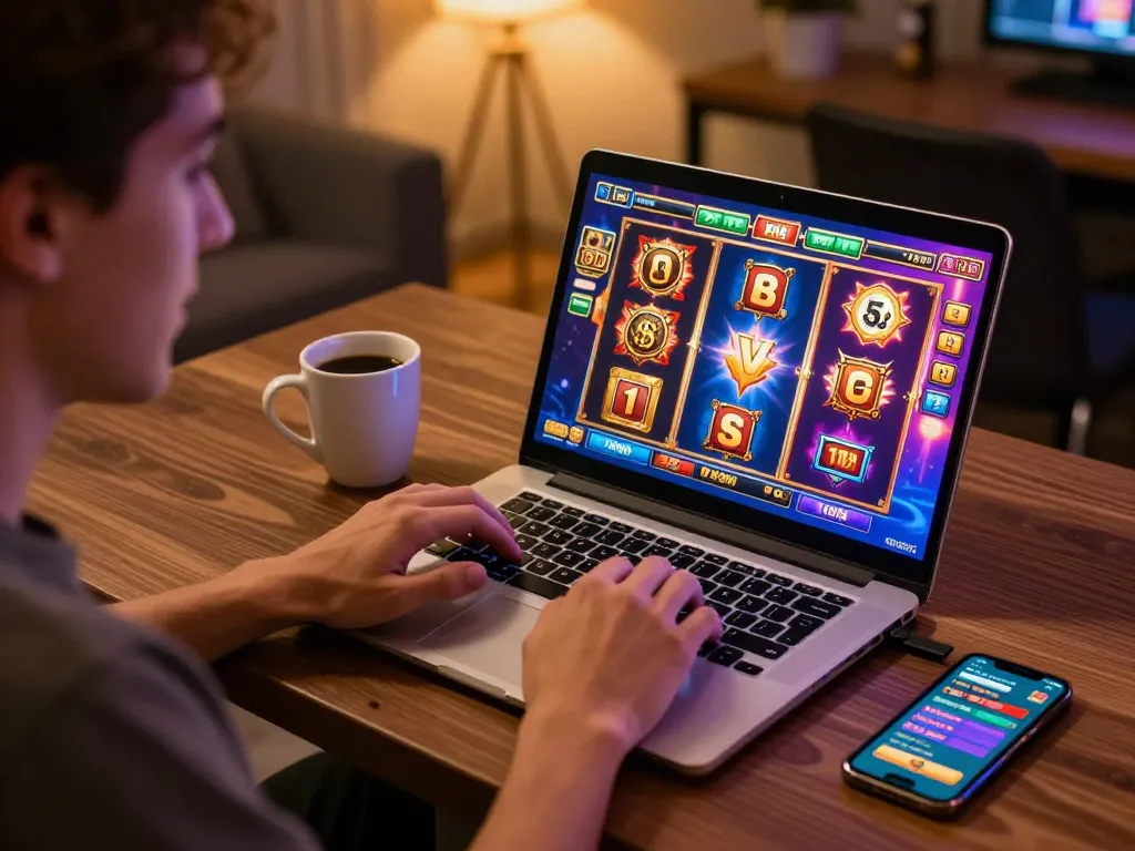 Engaging player enjoying slot bonus gameplay on laptop, showcasing vibrant graphics and dynamic action