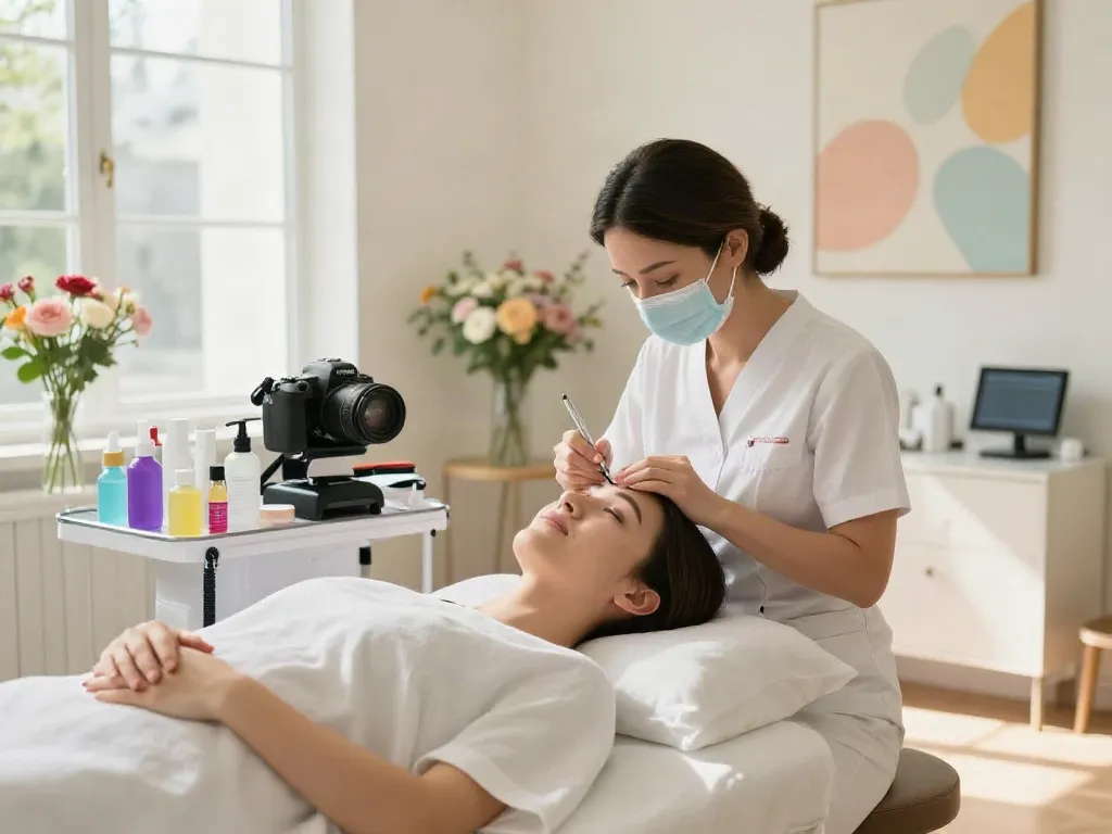 Professionelle Behandlung gegen Augenringe abdecken in einem modernen Schönheitssalon.