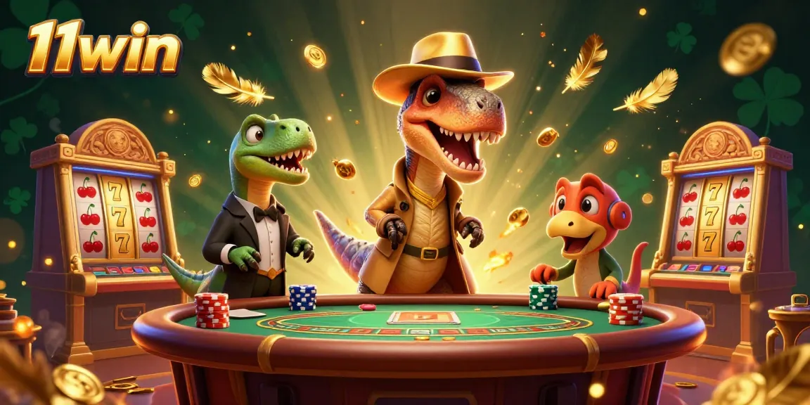 Win big at 11win with a colorful 3D scene of card counters and slot machines.