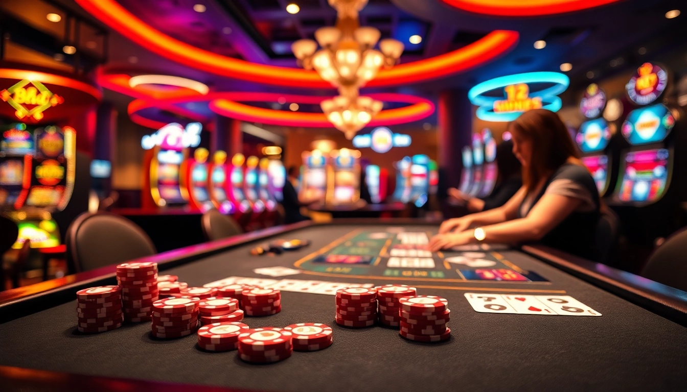 Spannende Atmosphäre in einem Casino Golisimo Germany mit lebendigen Spieltischen und Farbpallette.