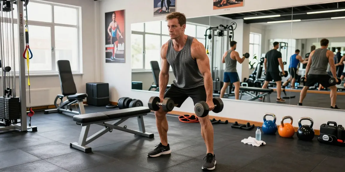 Utinon Steroids Shop: Athlet trainiert intensiv mit Hanteln in modernem Fitnessstudio.