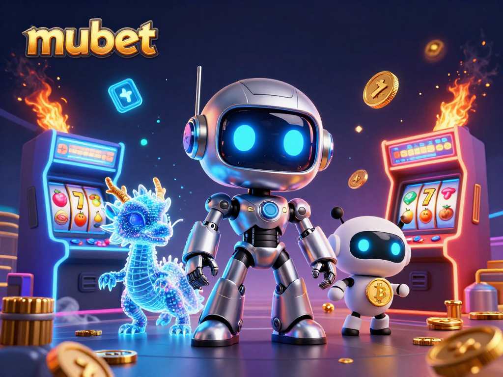 Experience the excitement of mubet with a vibrant casino-themed illustration featuring a cyberpunk robot and gaming elements.