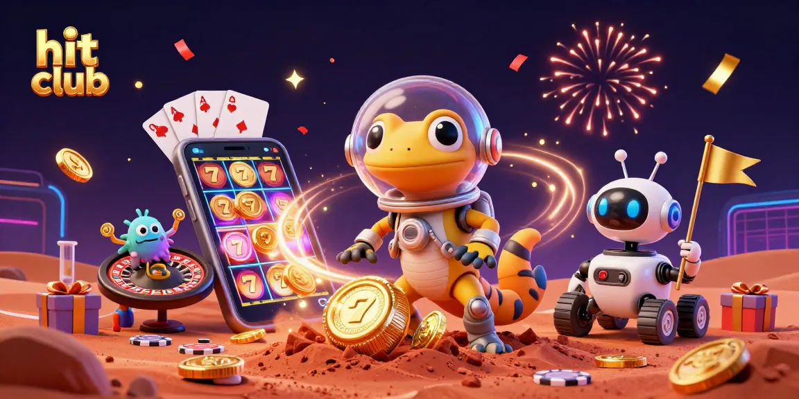Experience the excitement of hit club with a 3D Martian gecko discovering a golden casino.