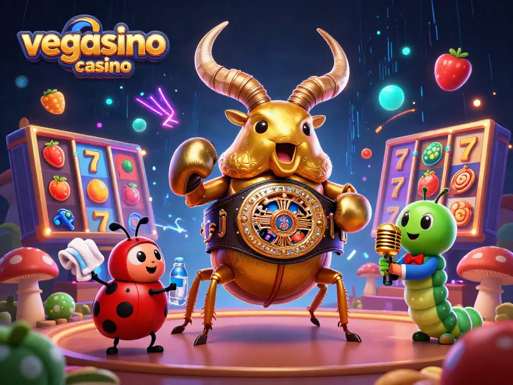 Experience the excitement of vegasino casino with a vibrant, animated 3D illustration featuring a golden stag beetle champion.