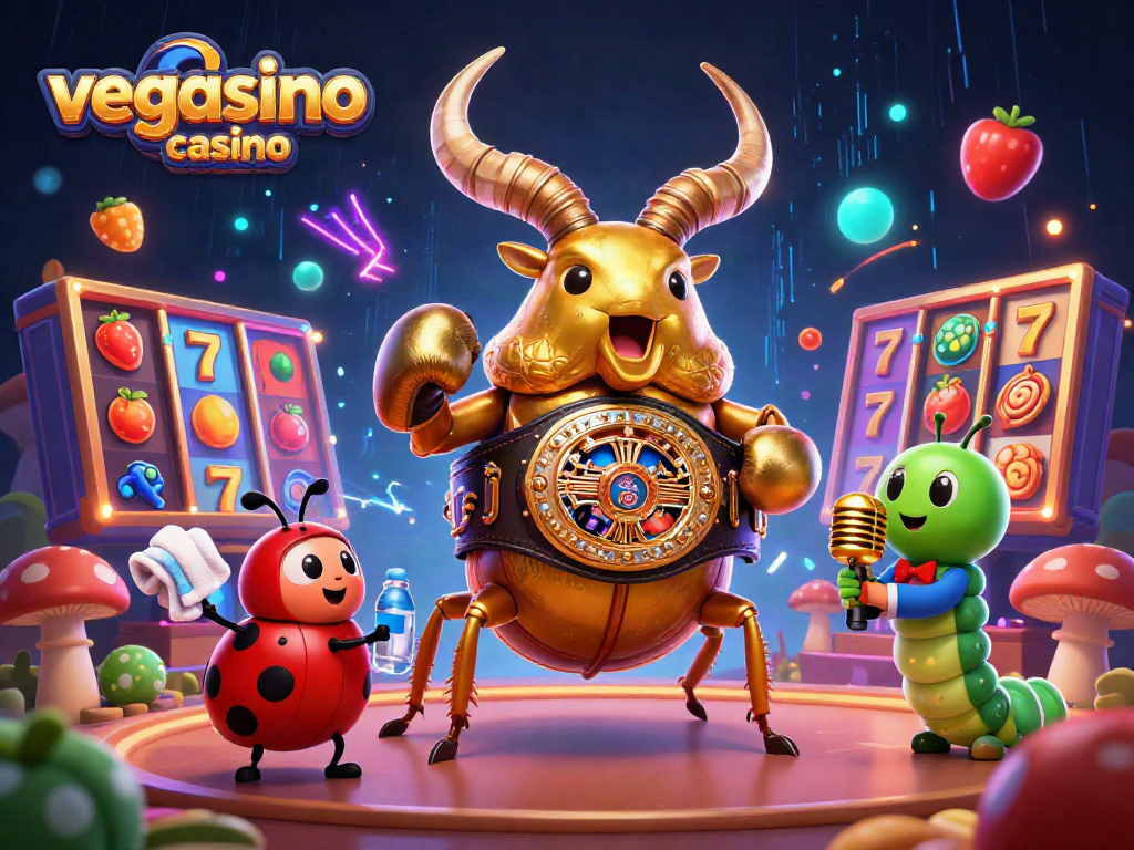 Experience the excitement of vegasino casino with a vibrant, animated 3D illustration featuring a golden stag beetle champion.