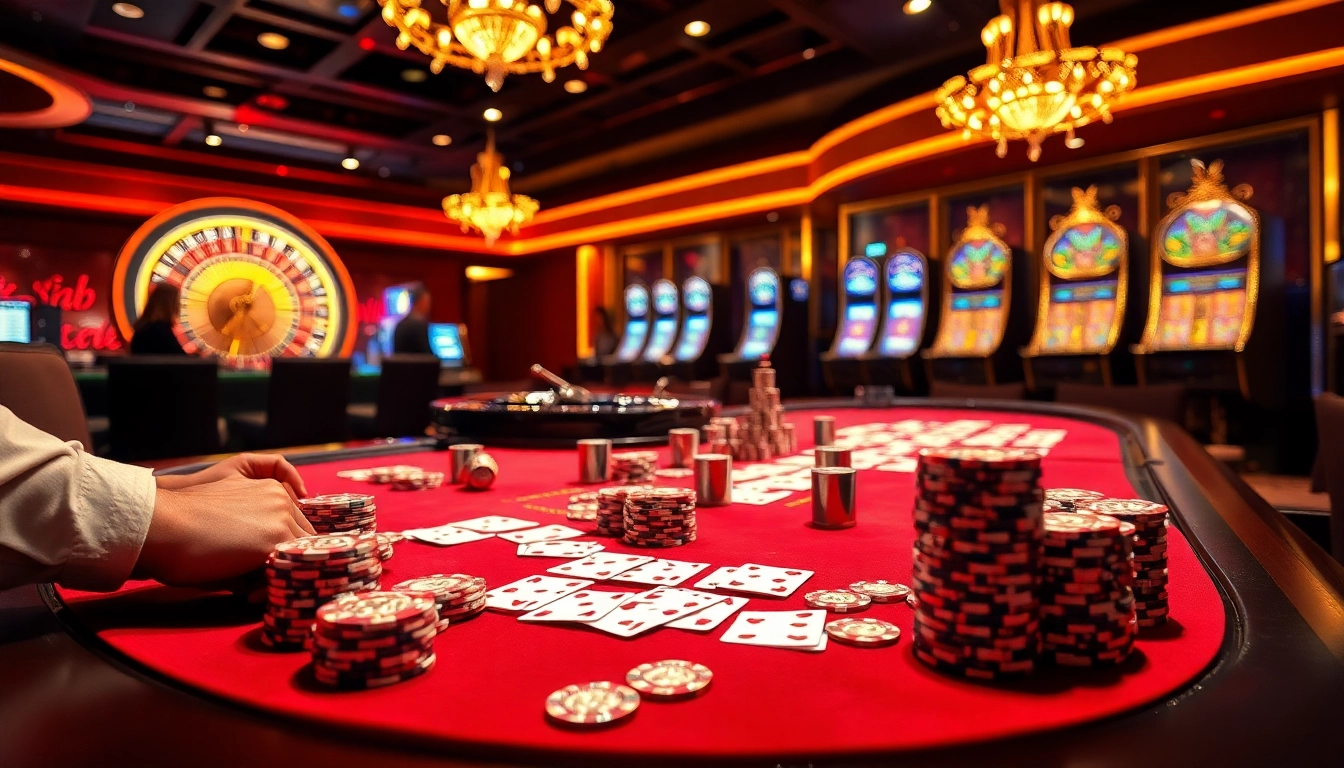 Exciting casino scene showcasing MMOO gaming table, chips, cards, and roulette wheel.