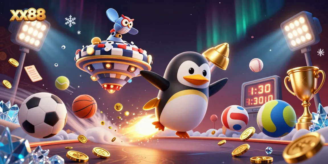 Experience thrilling action on xx88 with a golden penguin and vibrant casino elements in space.