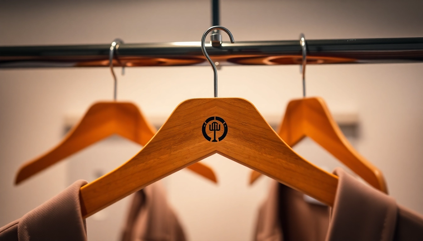 Gestalte Kleiderbügel mit eigenem branding, individuell präsentiert in hochwertigem Holzdesign.