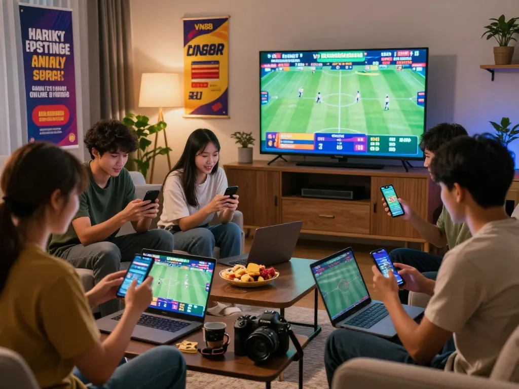 Exciting online betting experience at VN88 with friends enjoying sports and promotions.