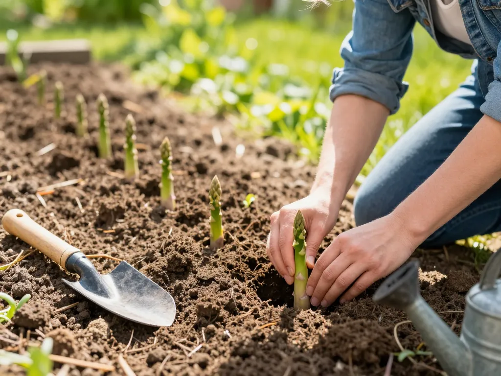 Planting spargelpflanzen in a vibrant home garden during spring.