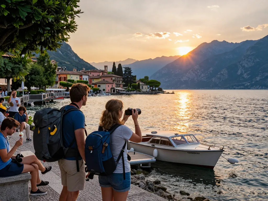 Paar genießt Gardasee Reisetipps beim Erkunden des malerischen Gardasees bei Sonnenuntergang.
