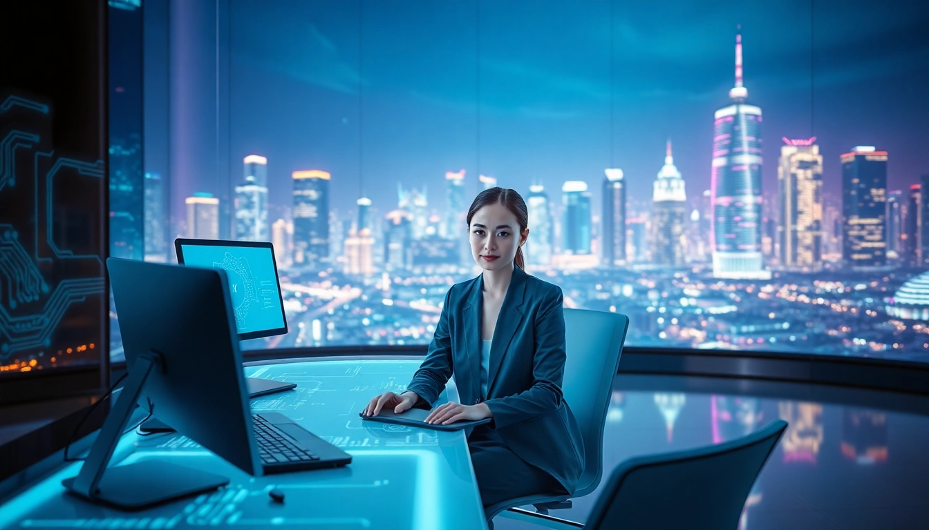 Die AI girlfriend in einem futuristischen Raum mit holografischen Bildschirmen interagieren.