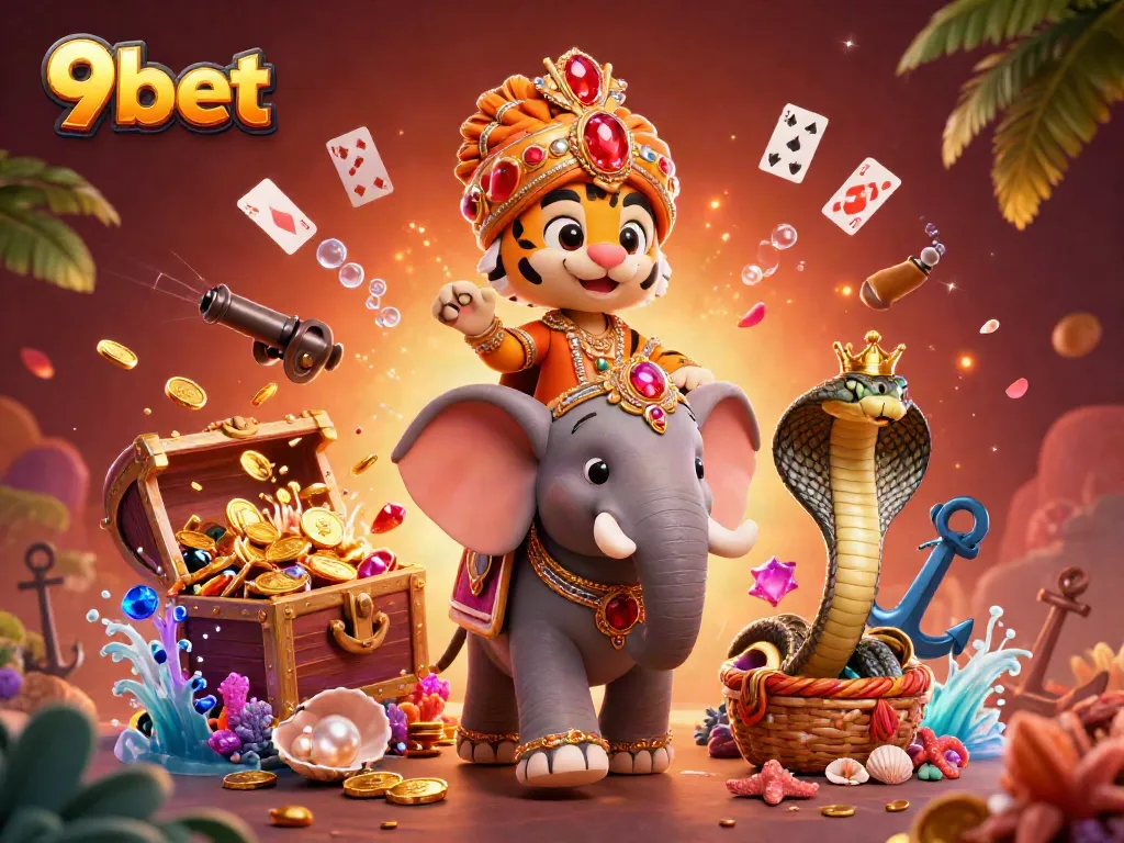 Experience thrilling casino adventures with 9bet's vibrant 3D illustration featuring an ornate Indian maharaja and treasures.