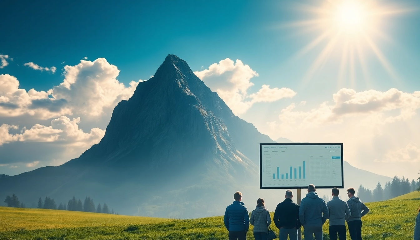 Visualisierte Daten zum Web-Rang auf einem Bildschirm vor einer Berglandschaft stehender Menschen.