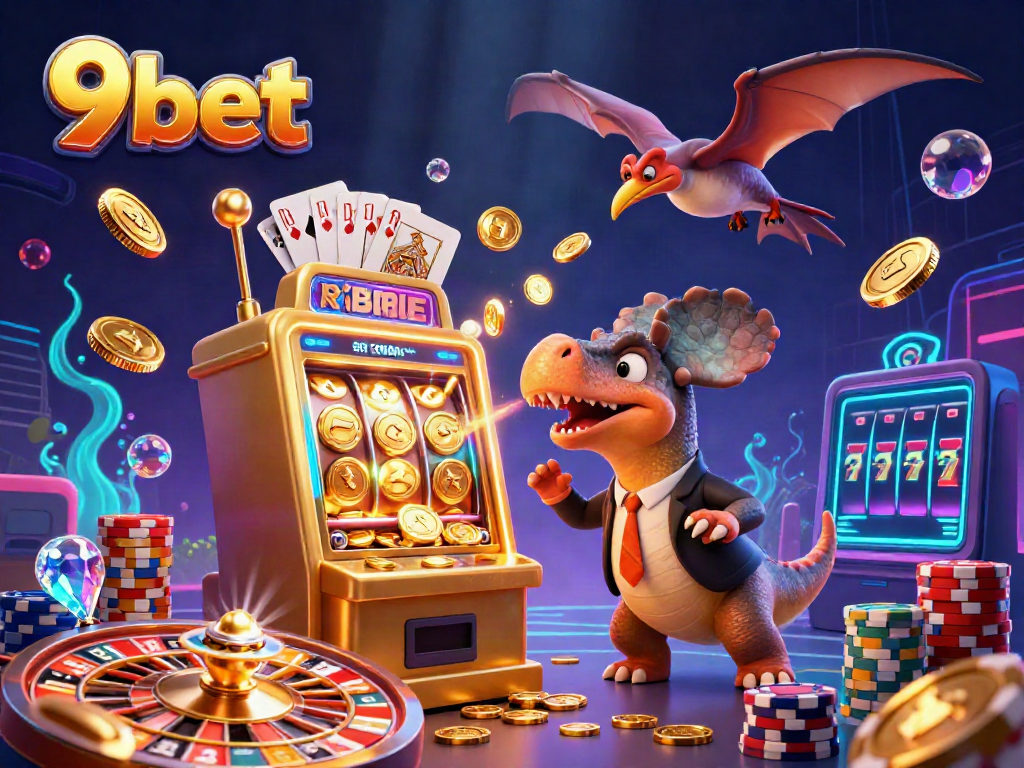 Engaging scene where 9bet's mascot, a cartoon dinosaur, triggers a jackpot from a golden slot machine