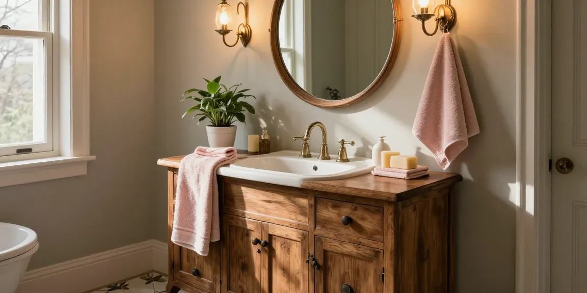 Elegante vintage badkamermeubel in een gezellige badkameromgeving met warm licht en stijlvolle accessoires.